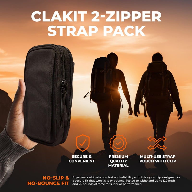 Clakit XL Strap Pack Travel Pouch, Double Zipper Passport Holder - Multi Pocket Organizer Cellphone Pouch with Clip, Backpack Accessories for Everyday Carry Hiking Travel Wallet - Black - Image 2